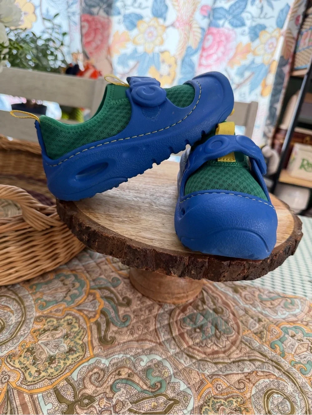 CROCS Kids Blue & Green Athletic Water Shoes with Yellow Pull Tabs Size 12